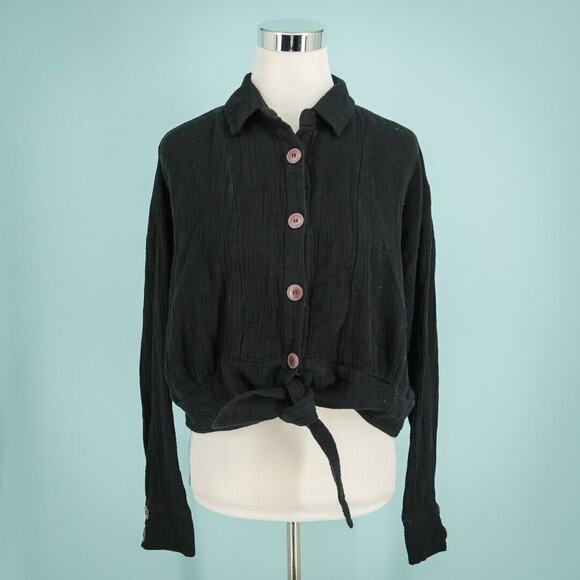 Free People Size Medium M Black Sunstreaks Tie Front Collared Button Gauze Top - Picture 1 of 7